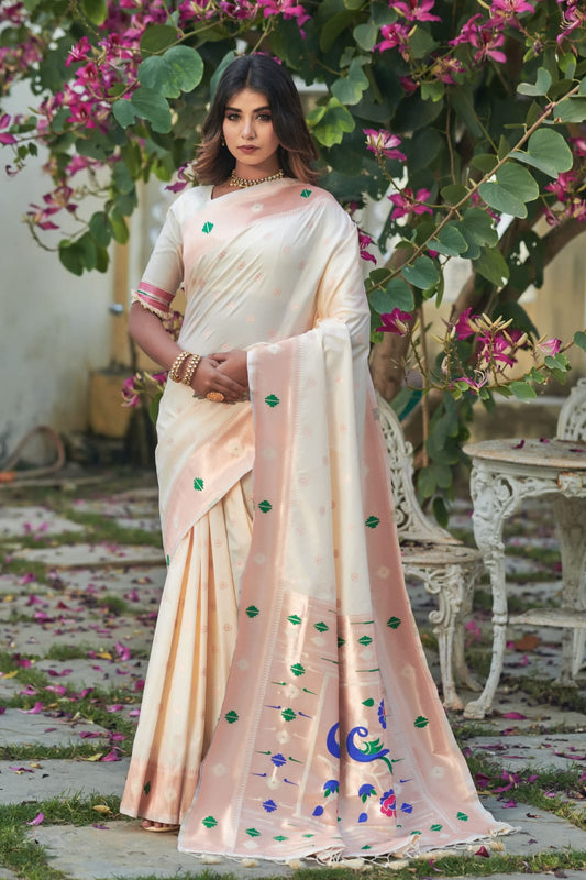 Charming Off White Color Banarasi Soft Silk Paithani Saree With Zari Border And Zari Pallu