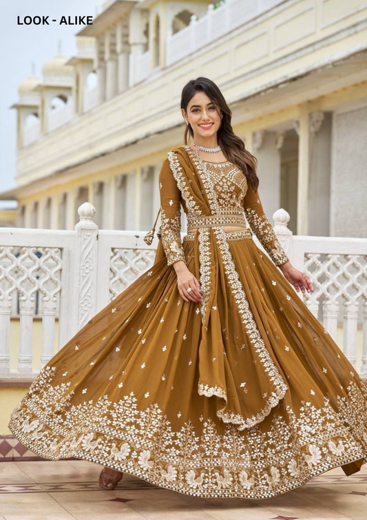 Appealing Mustard Yellow Colored Heavy Faux Georgette Lehenga Choli With Dupatta Set For Women
