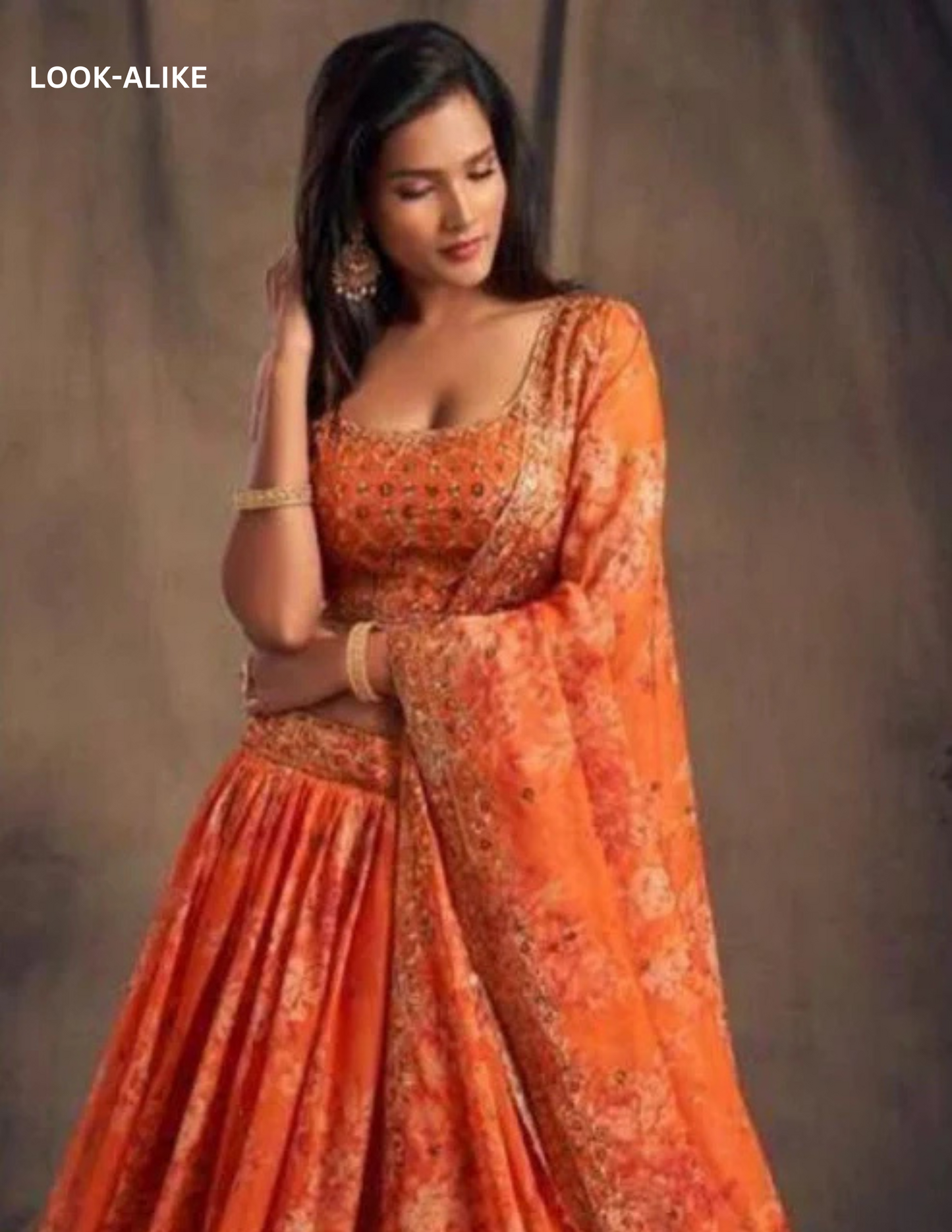 Elegant Orange Color Rose Printed Design and Golden Zari and Sequins Embroidered Lehenga Near Me