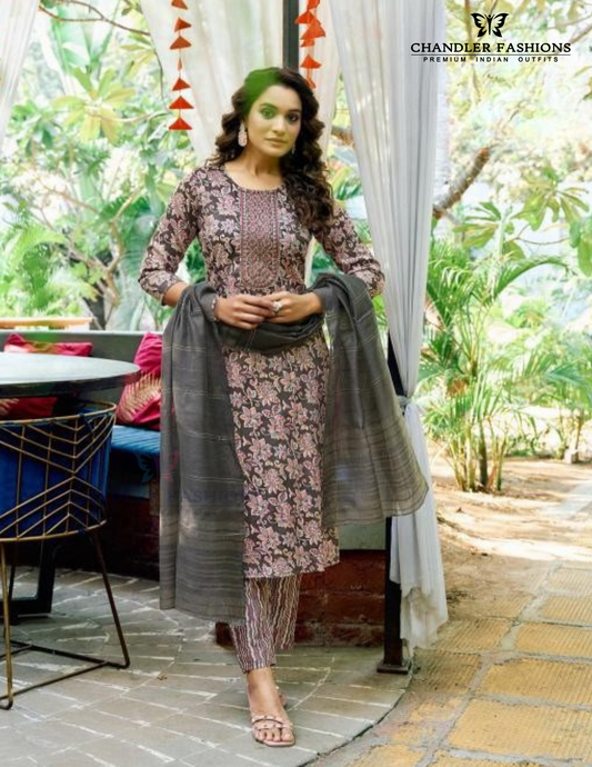 Stunning Gray Color Rayon Fancy Embroidery Work Salwar Suits For Women
