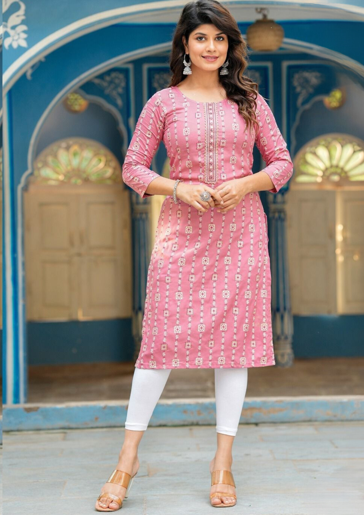Attractive Pink Colored Rayon Gold Print Kurti With Fancy Embroidery Work