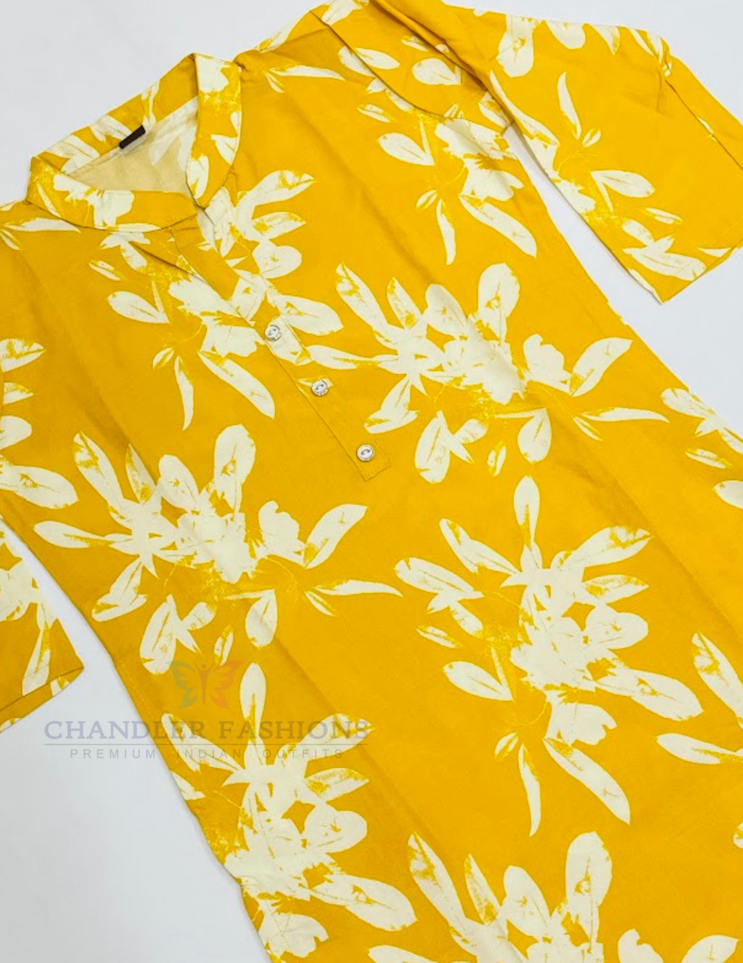 Yellow Colored Floral Design Work Cotton Kurti Suits In Mesa