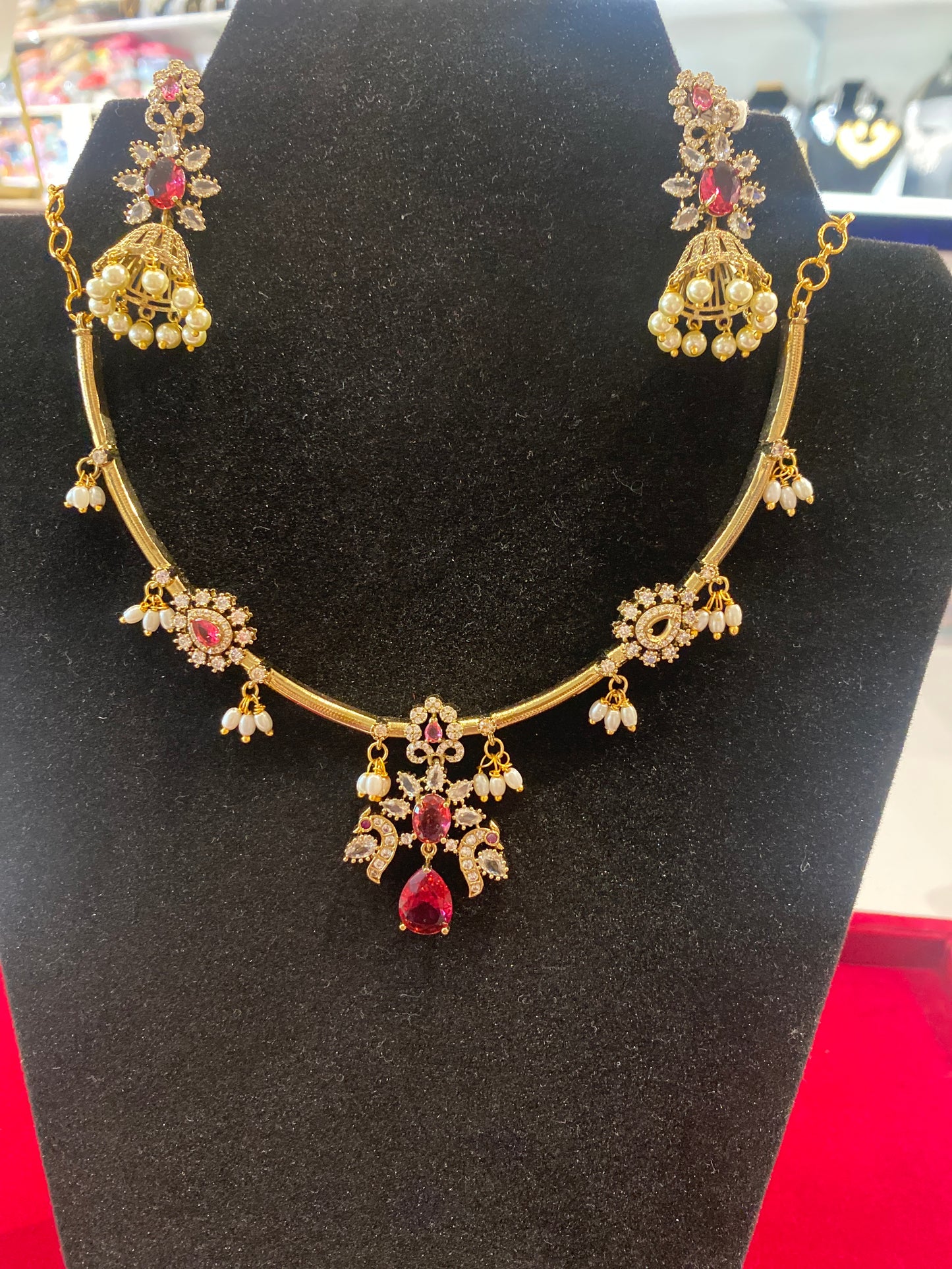 Stunning Dark Pink And White Stones Gold Plated Necklace With Earrings