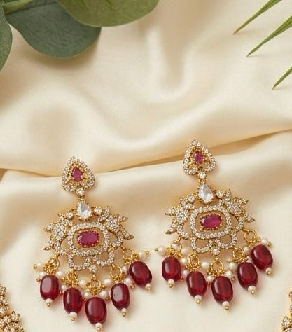 Stunning Red And White Stones Gold Plated Necklace With Earrings Set