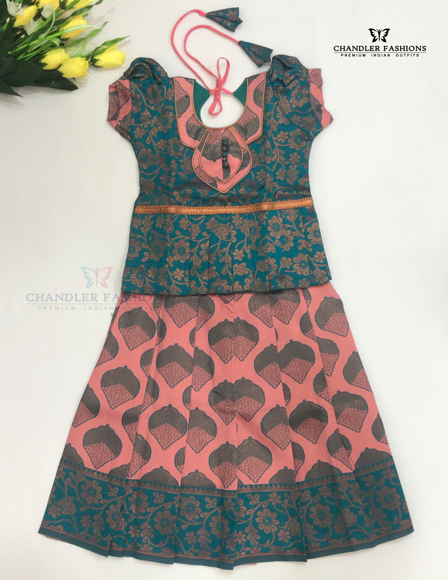 Ravishing Rama Green And Pink Art Silk Langa Set With Designer Zari Work For Girls