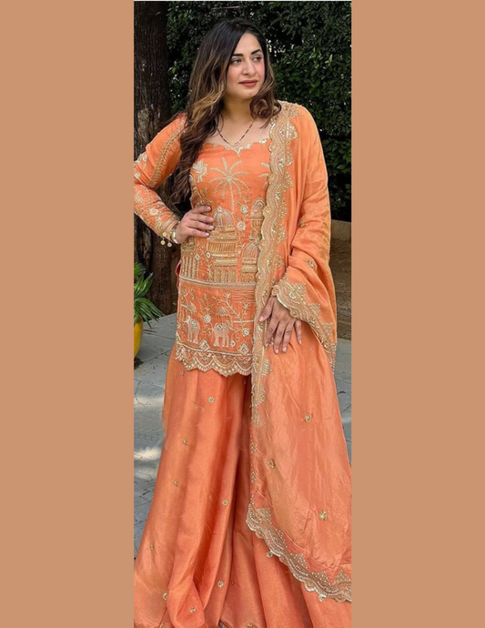 Elegant Orange Color Chinon Silk Indo Western Sharara Suits Dupatta Set For Women