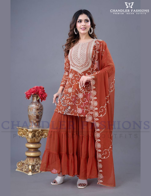Attractive Light Brown Color Georgette Embroidered Work Sharara Suits For Women