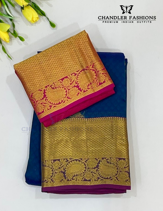 Elegant Peacock Blue Kanchi Silk Gold Zari Work Saree For Women - SILKMARK CERTIFIED