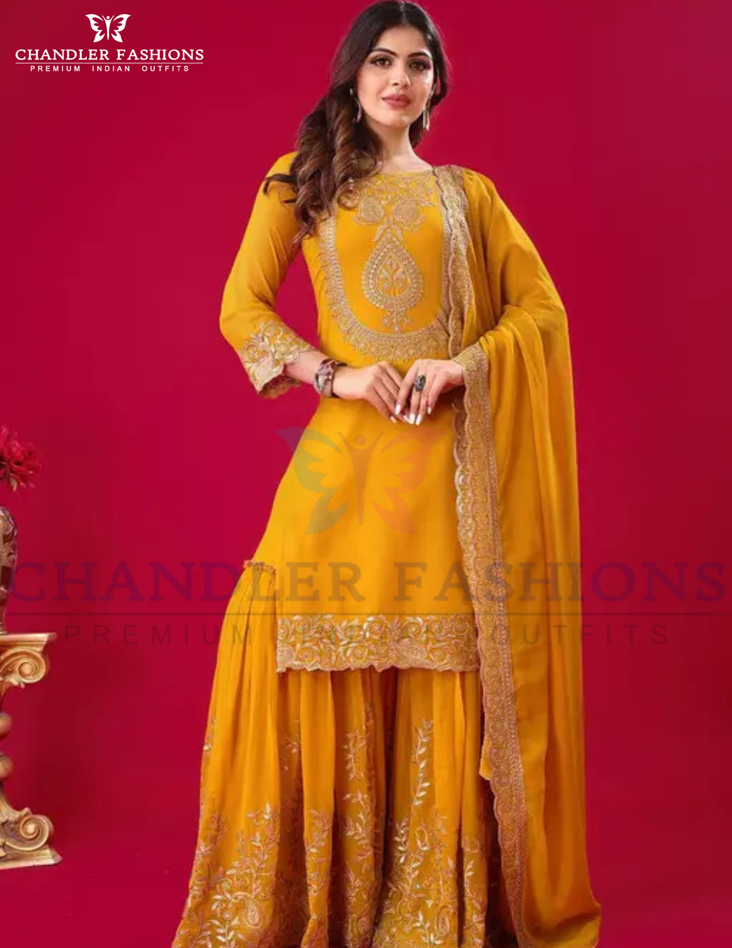 Mustard Yellow Color Faux Georgette With Heavy Embroidery Work Sequins Sharara Suit For Women
