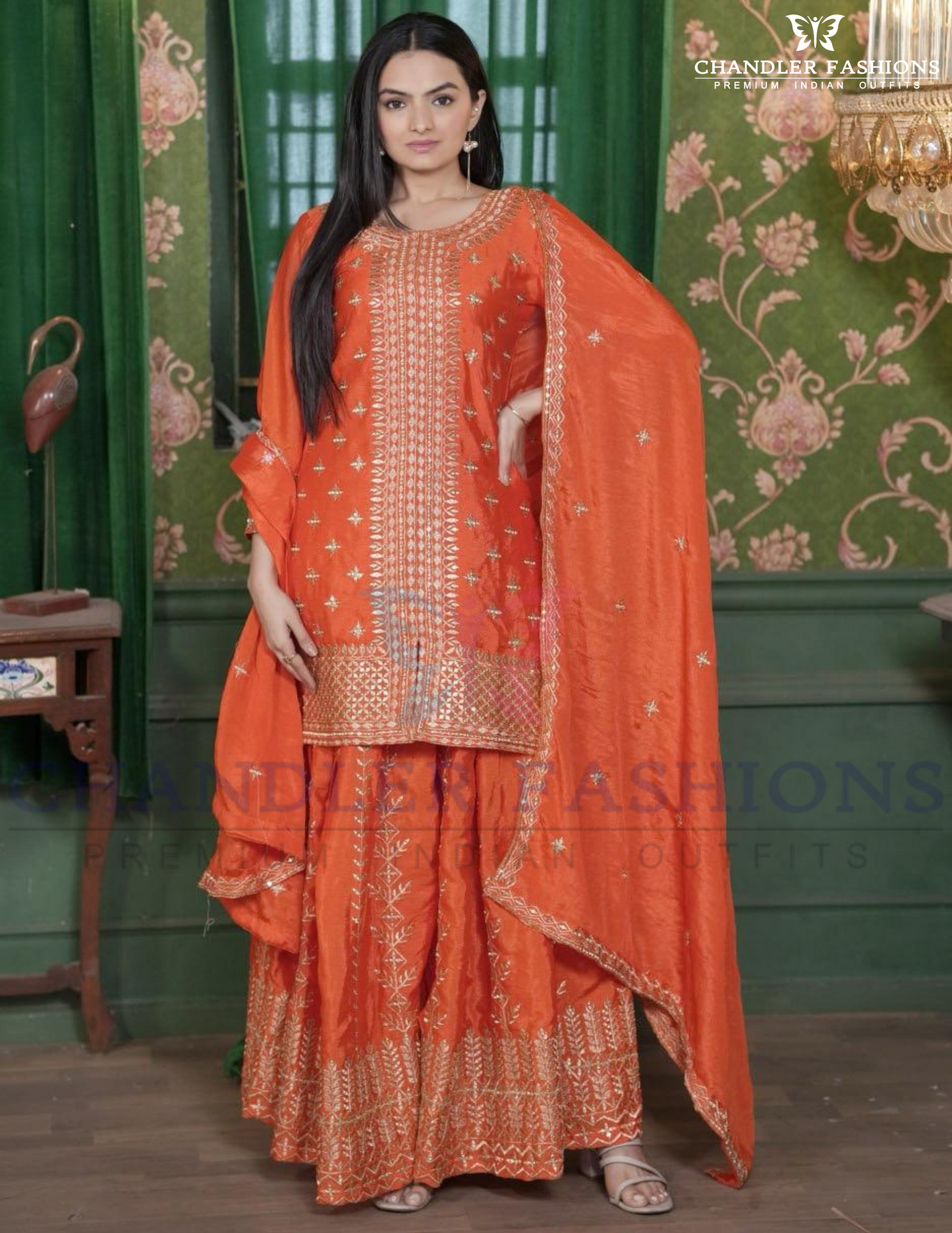 Attractive Orange Color Embroidery And Sequins Work Palazzo Suits With Dupatta