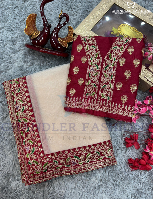 Attractive Cream Color Banarasi Crush With Embroidery Work Saree For Women