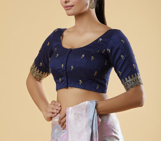 Alluring Front Open Navy Blue Color Elbow Sleeve Readymade Blouse For Women