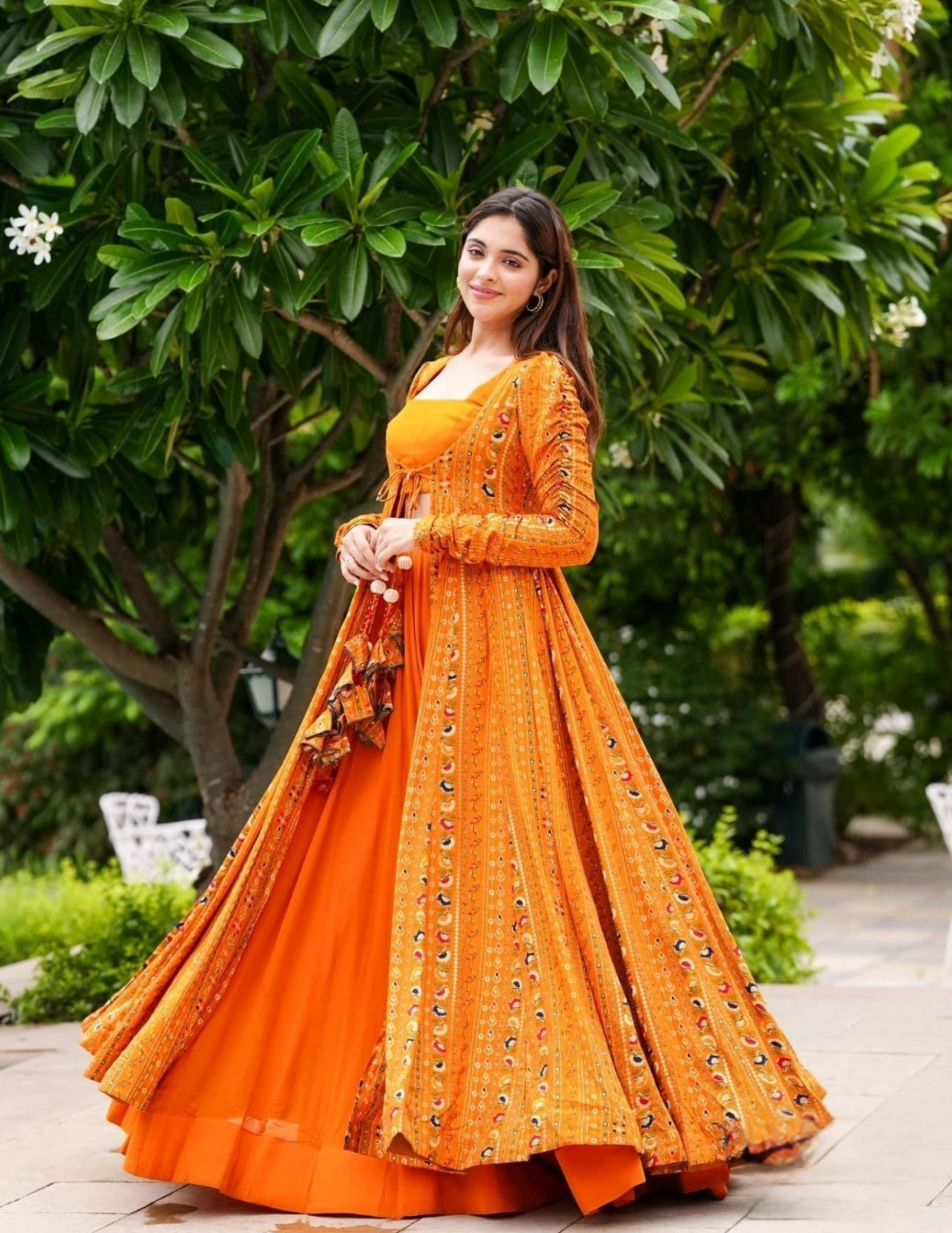 Alluring Printed Orange Shrug Style Indo Western Gown For Women