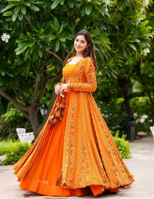 Alluring Printed Orange Shrug Style Indo Western Gown For Women