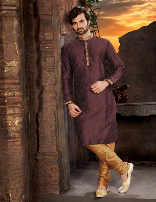 Alluring Wine Color Thread Work Dupion Silk Men's Kurta With Pajama Set