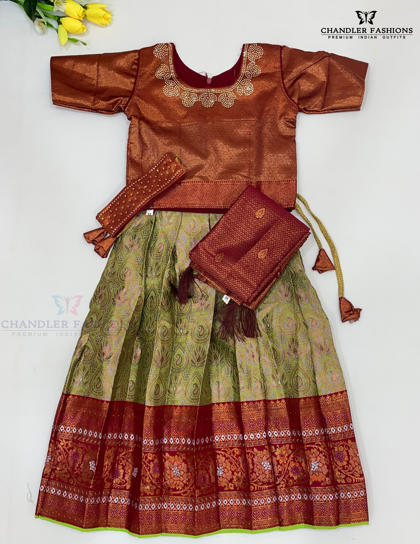 Wonderful Maroon Color Silk Langa Set With Stone And Zari Work For Girls