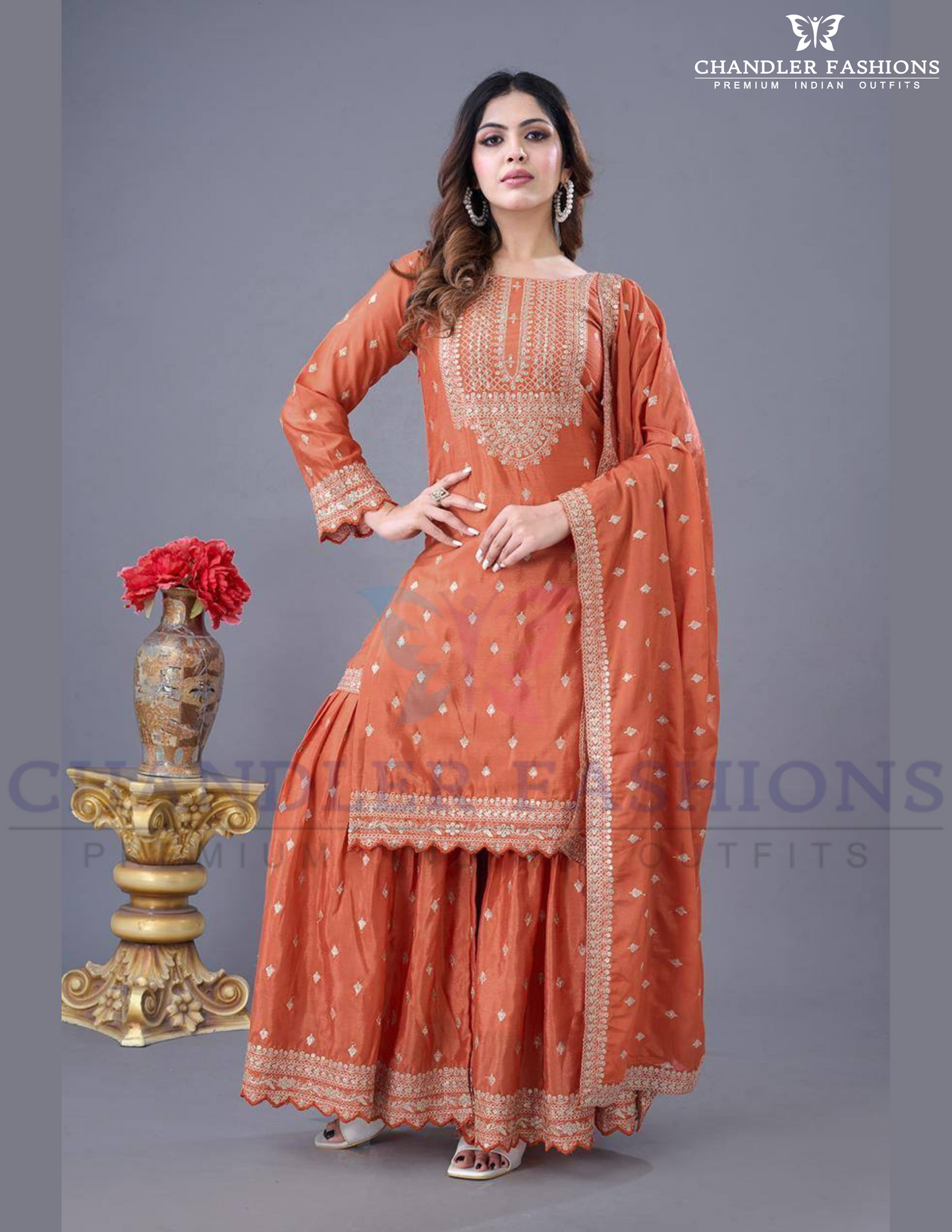 Alluring Orange Color Chinon Silk With Embroidered Work Sharara Suits For Women
