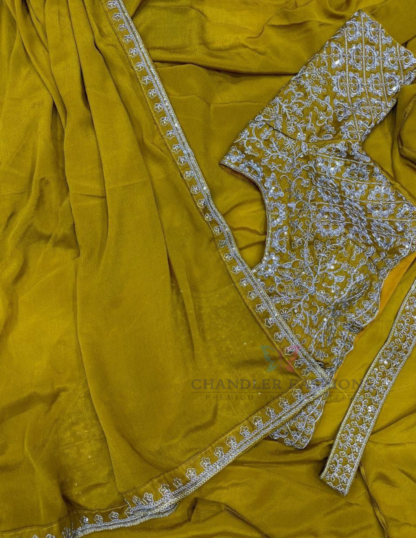 Gorgeous Lime Green Color Chinon Ready To Wear Saree In Chandler