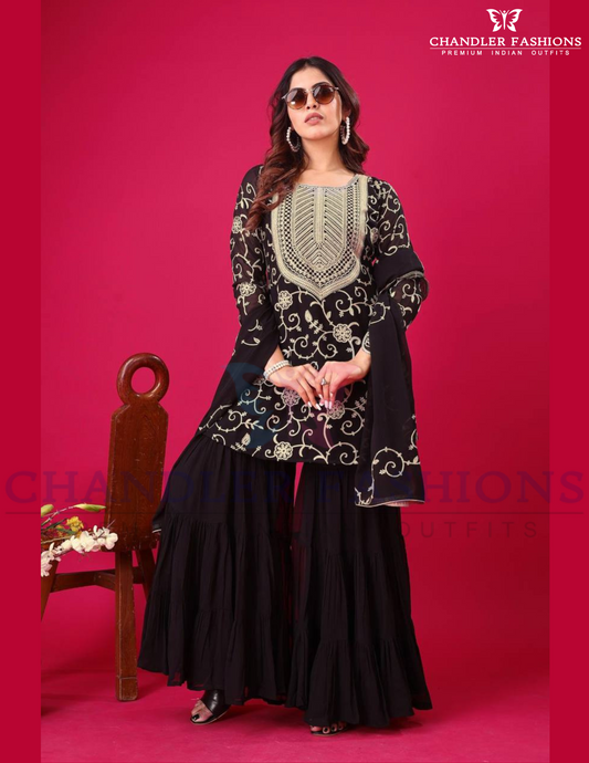Elegant Black Color Georgette Embroidered Work Sharara Suits For Women