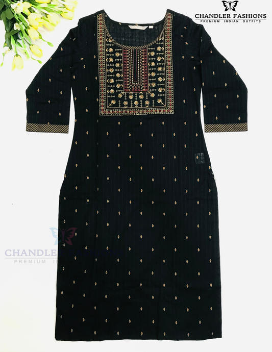 Alluring Black Color Cotton Kurti With Embroidary Work For Women