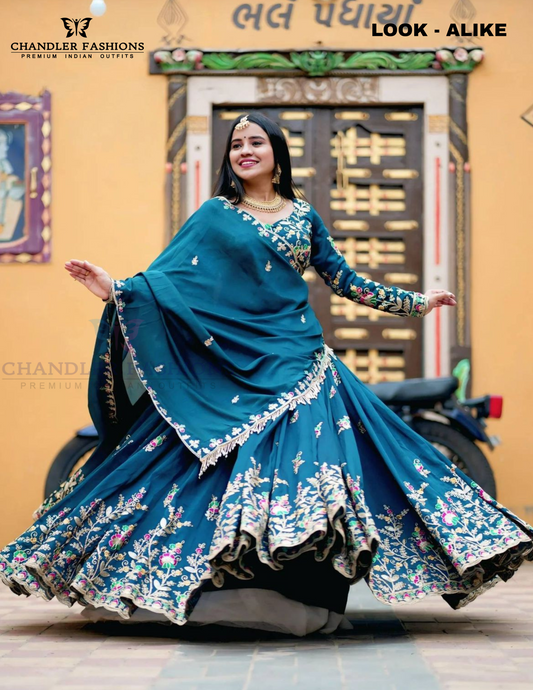 Charming Teal Blue Color Embroidery And Thread Work Lehenga Choli For Women