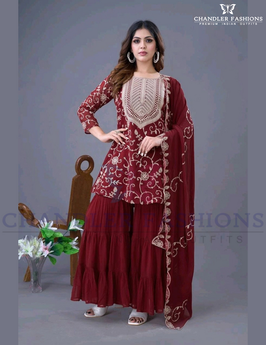 Alluring Maroon Color Georgette Embroidered Work Sharara Suits For Women