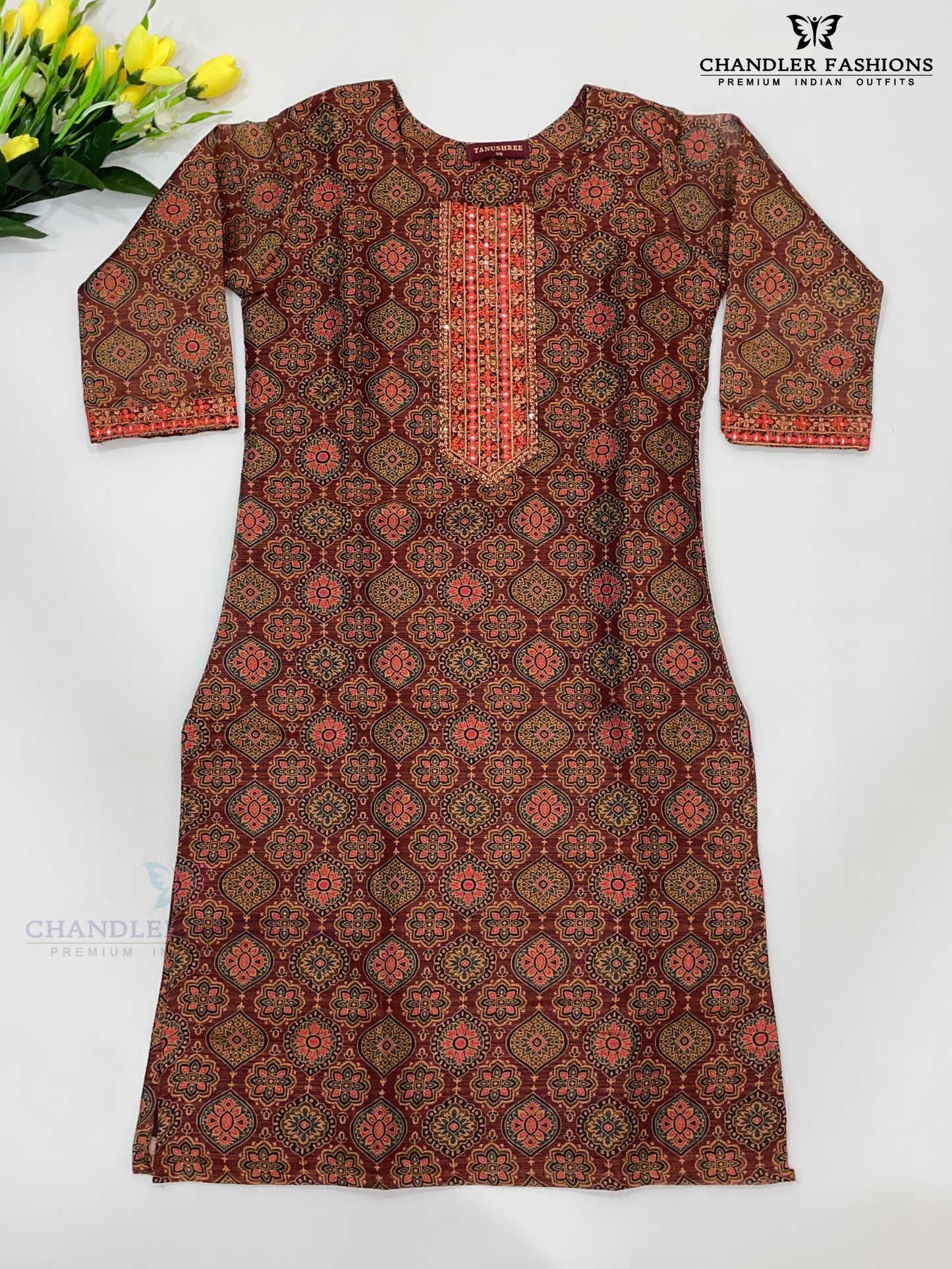 Pleasing Brown Color Kurti With Zari Embroidery And Sequins Work For Women