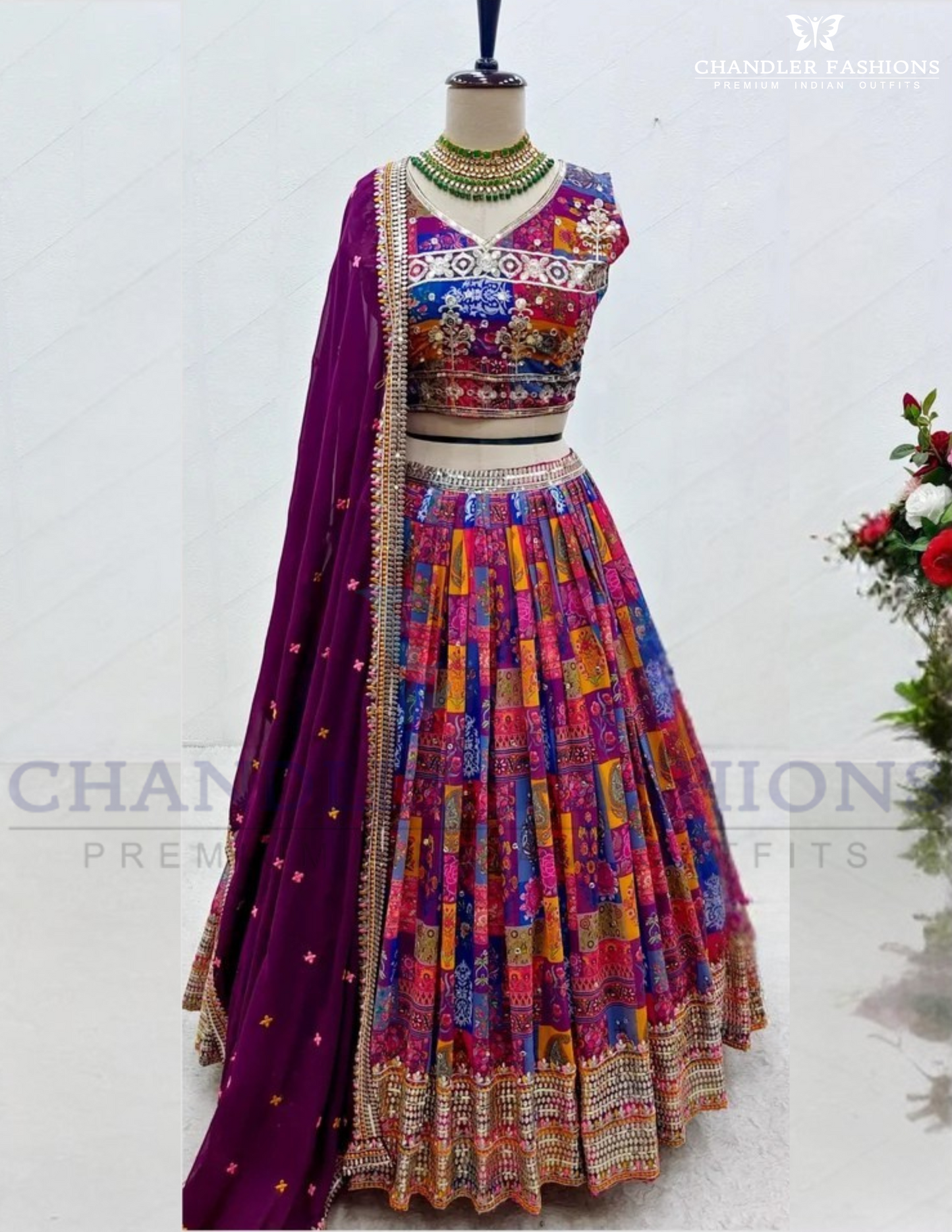 Elegant Multicolor Color Heavy Faux Georgette Embroidery Work Lehenga Choli