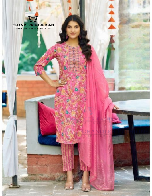 Beautiful Pink Color  Rayon Fancy Embroidery Work Salwar Suits For Women