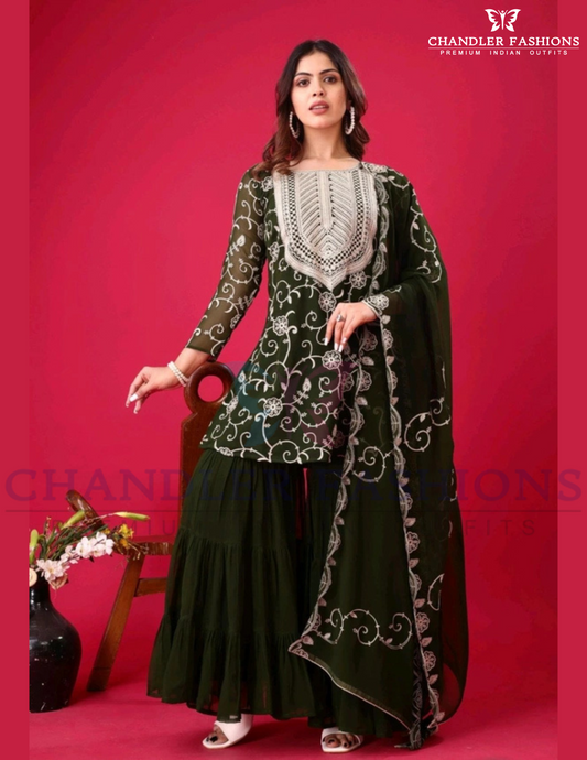 Beautiful Green Color Georgette Embroidered Work Sharara Suits For Women
