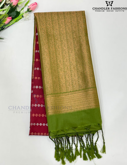 Beautiful Maroon Color Zari Work Soft Silk Saree With Contrast Pallu For Women