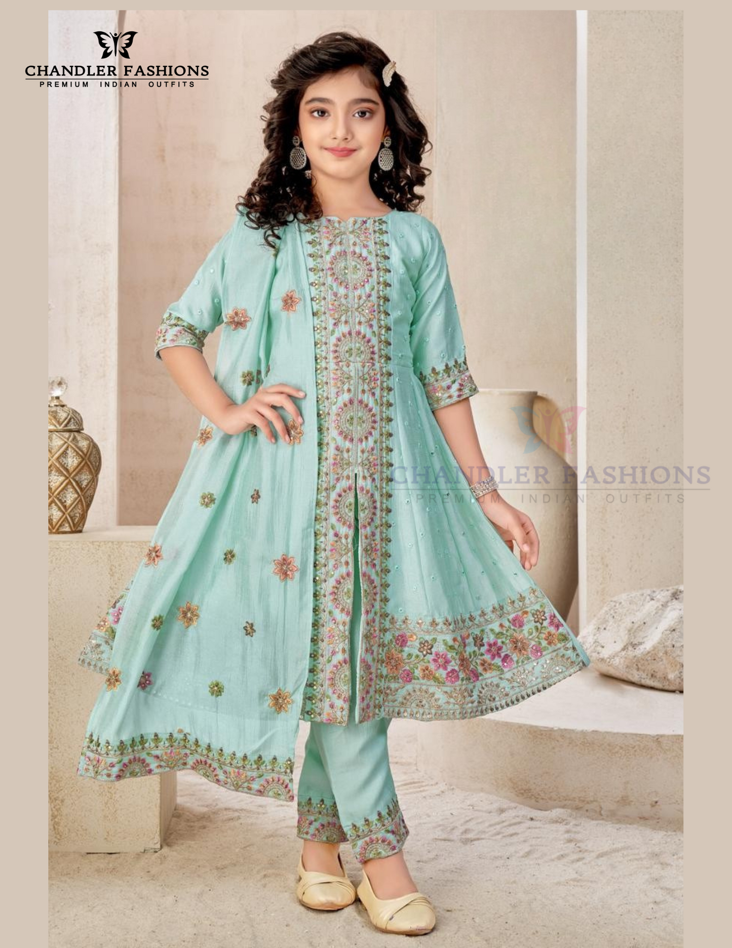 Beautiful Sky Blue Color Chanderi Cotton Embroidery Work Kurti Suit With Dupatta Set For Girls