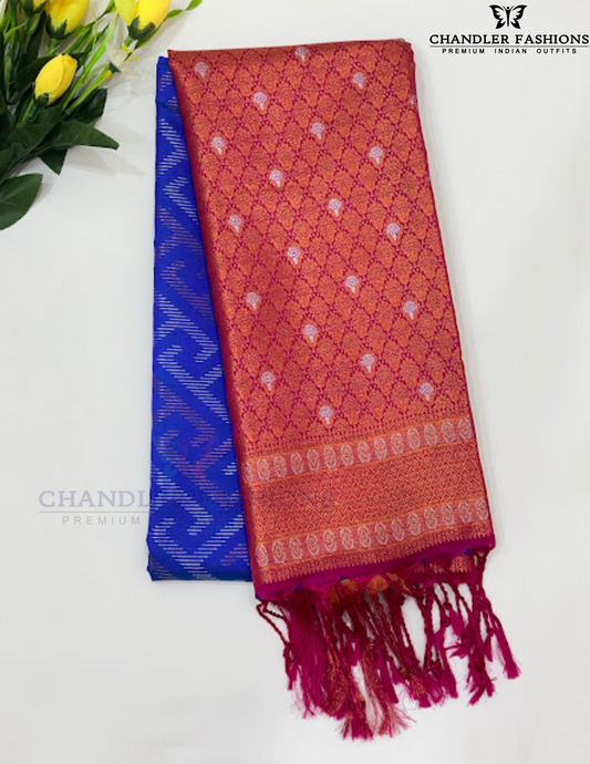 Attractive Blue Color Soft Silk Saree With Contrast Rich Pallu For Women