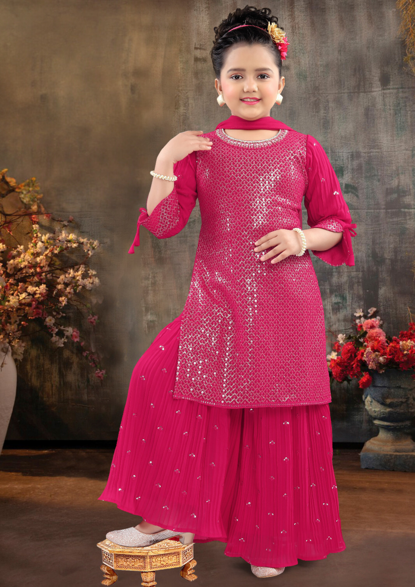 Elegant Rani Pink Color Georgette Embroidery Work Sharara Suit For Girls