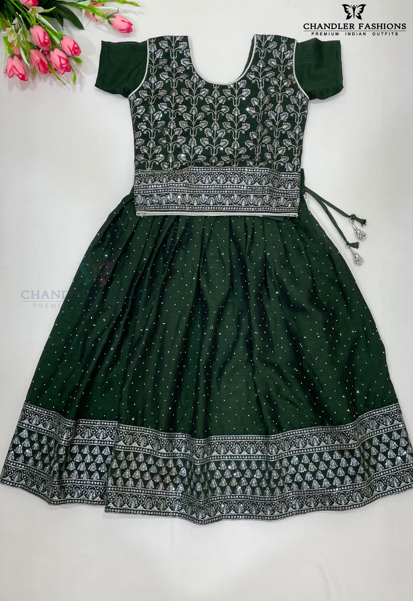 Attractive Dark Green Colored Silk Choli Sets With Stone Work For Girls