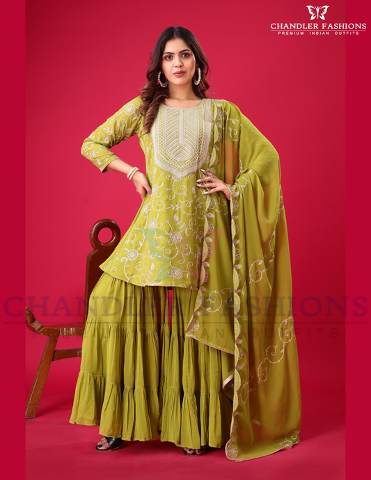 Attractive Pista Green Color Georgette Embroidered Work Sharara Suits For Women