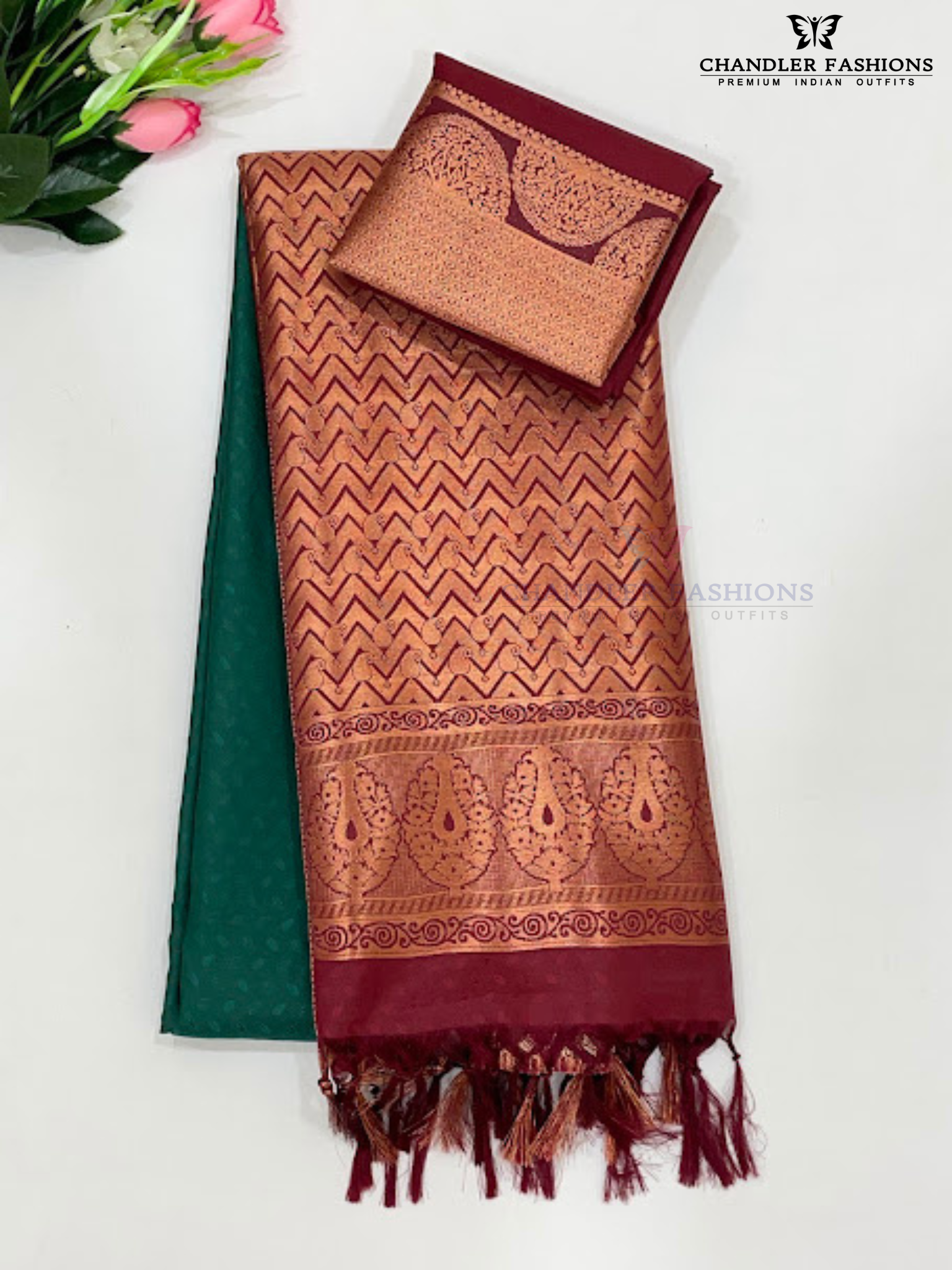 Appealing Dark Green Color Soft Silk With Unique Design And Gloden Zari Work Saree For Women