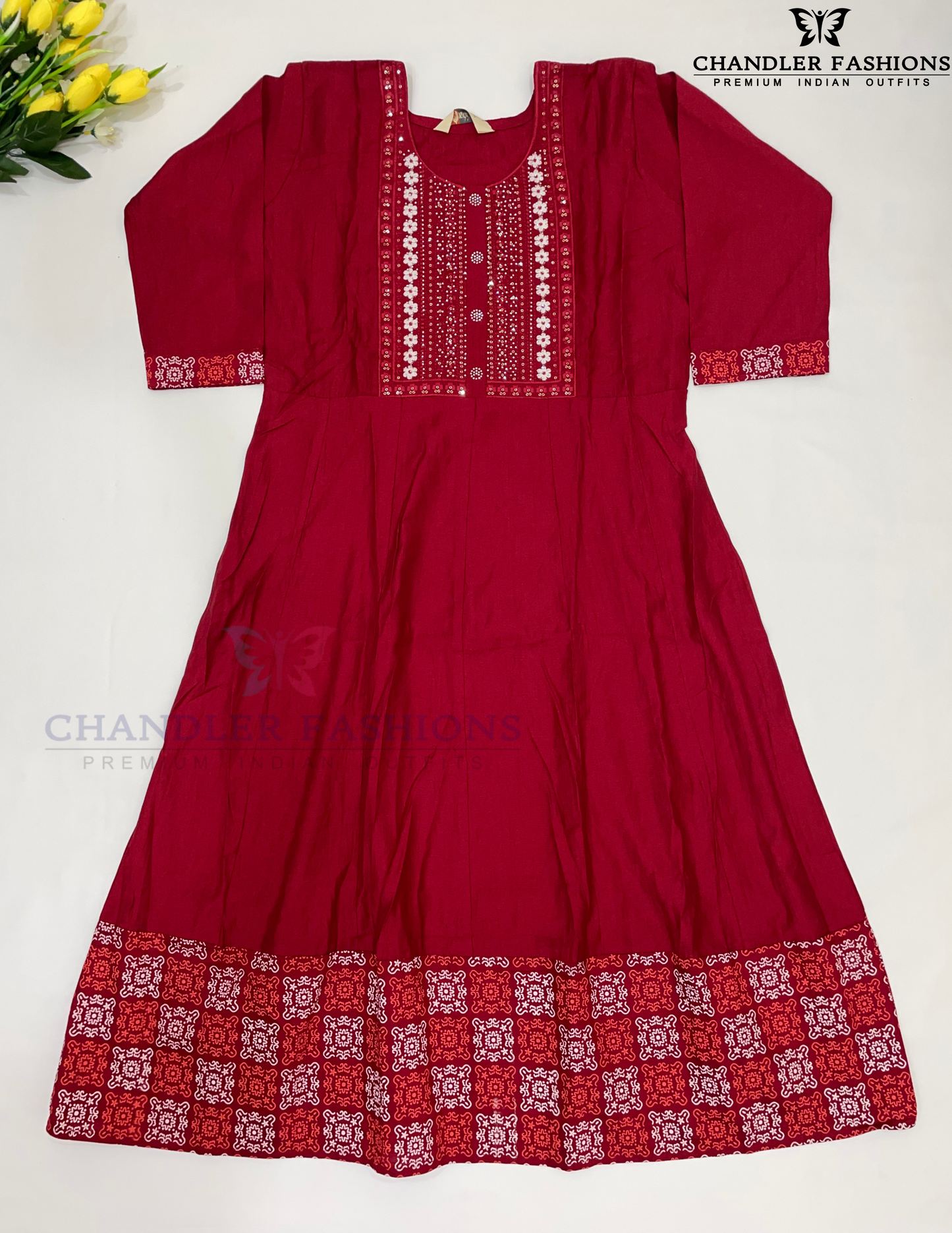 Elegant Dark Red Color Cotton With Embroidery Sequins Work Kurti For Women