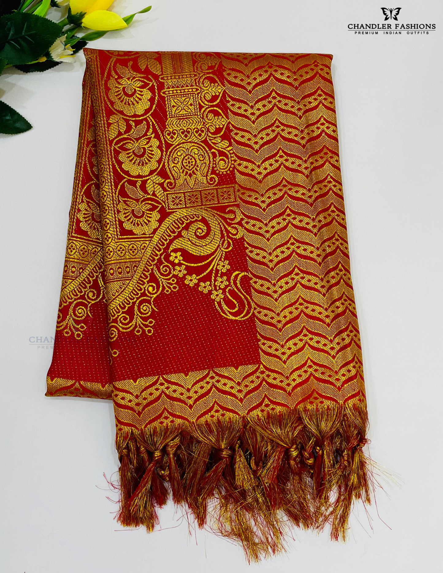 Attractive Red Color Silk Shawl With Golden Flower Zari Work (Ponnadai) For Guest