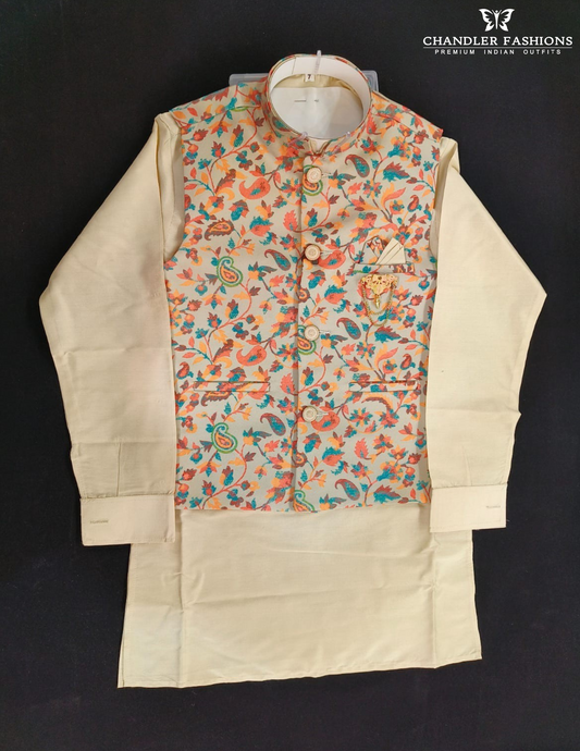 Charming Cream Color Silk Cotton Sherwani Jacket With Pajama For Boys