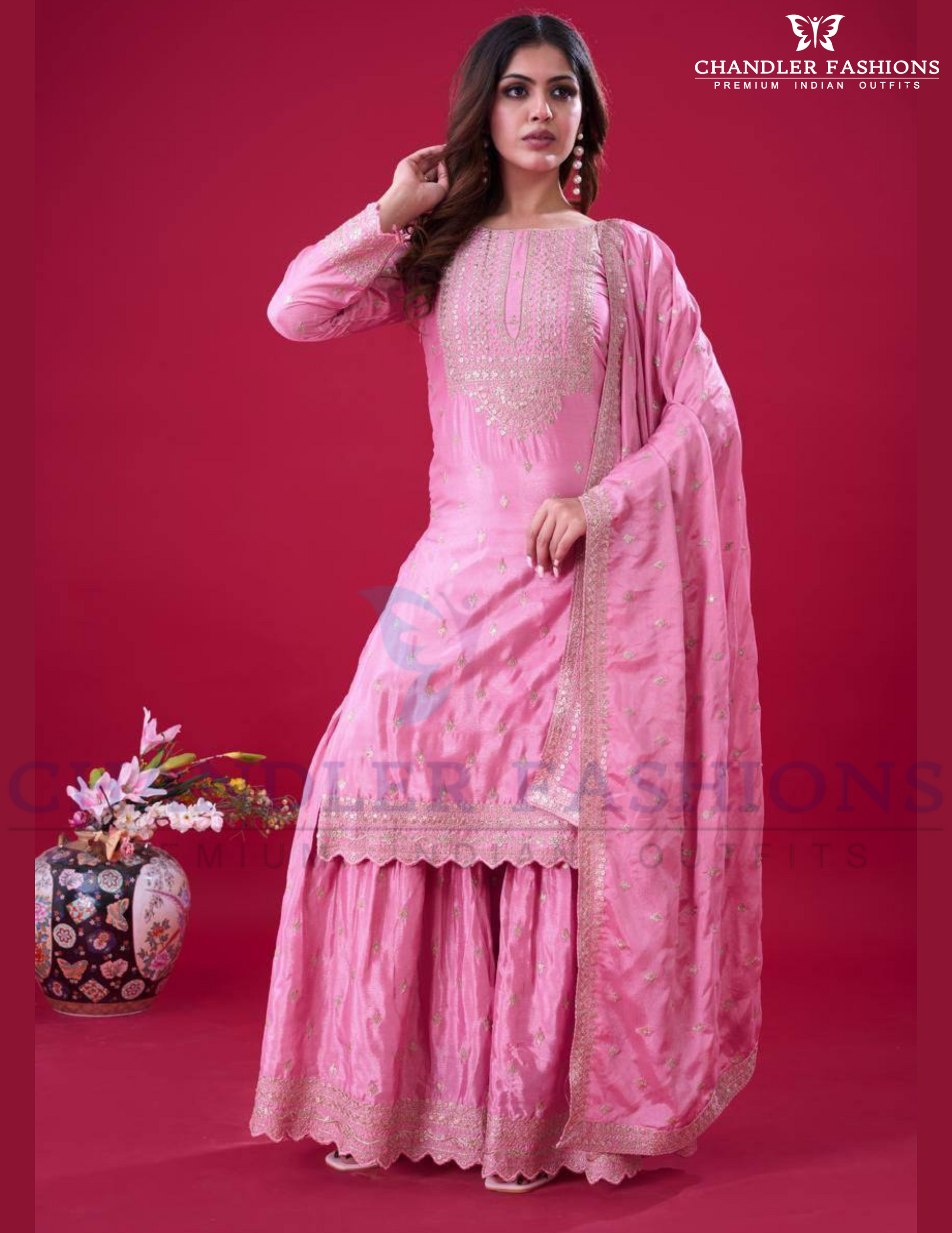 Attractive Pink Color Chinon Embroidered Sequence Work With Sharara Suits For Women