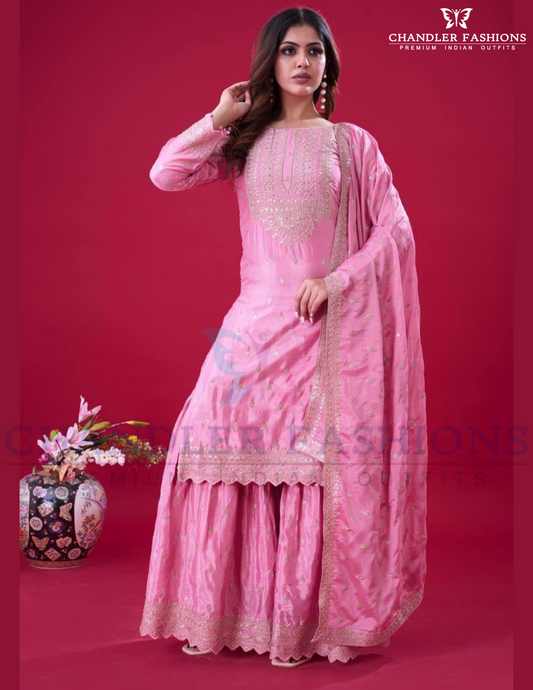 Attractive Pink Color Chinon Embroidered Sequence Work With Sharara Suits For Women