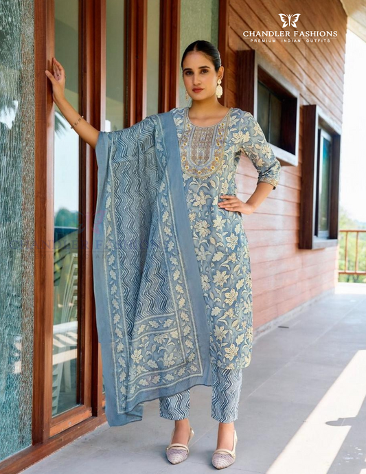 Alluring Sky Blue Color Cotton Printed Embroidery Work Salwar Suits With Dupatta Set