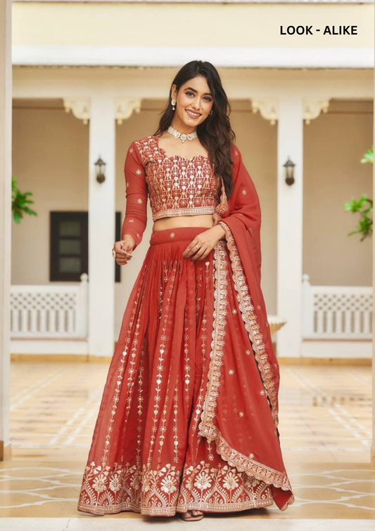 Attractive Red Color Georgette Embroidery Sequins Work Lehenga Choli