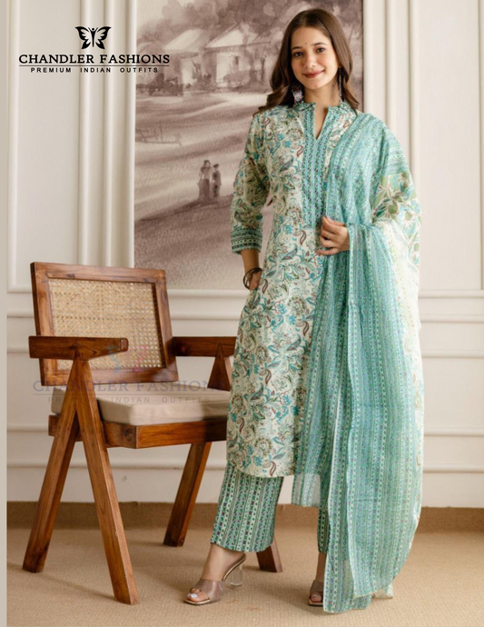 Elegant Skyblue Color Cotton Printed Work Salwar Suits With Dupatta Set