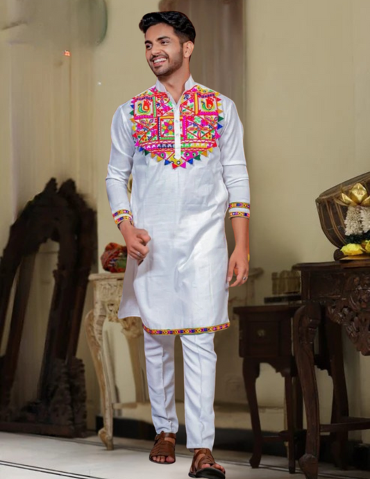 Alluring White Color Mirror And Lace Work Men's Kurta With Pajama Pant