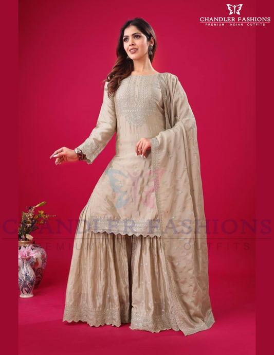 Elegant Beige Color Chinon Silk With Embroidered Sequence Work Sharara Suits For Women