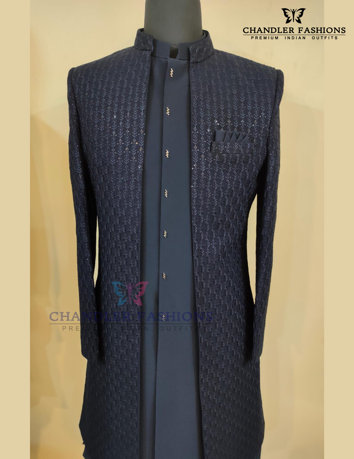Navy Blue Color Silk With Hand Embroidery Work Sherwani Suit Near Me
