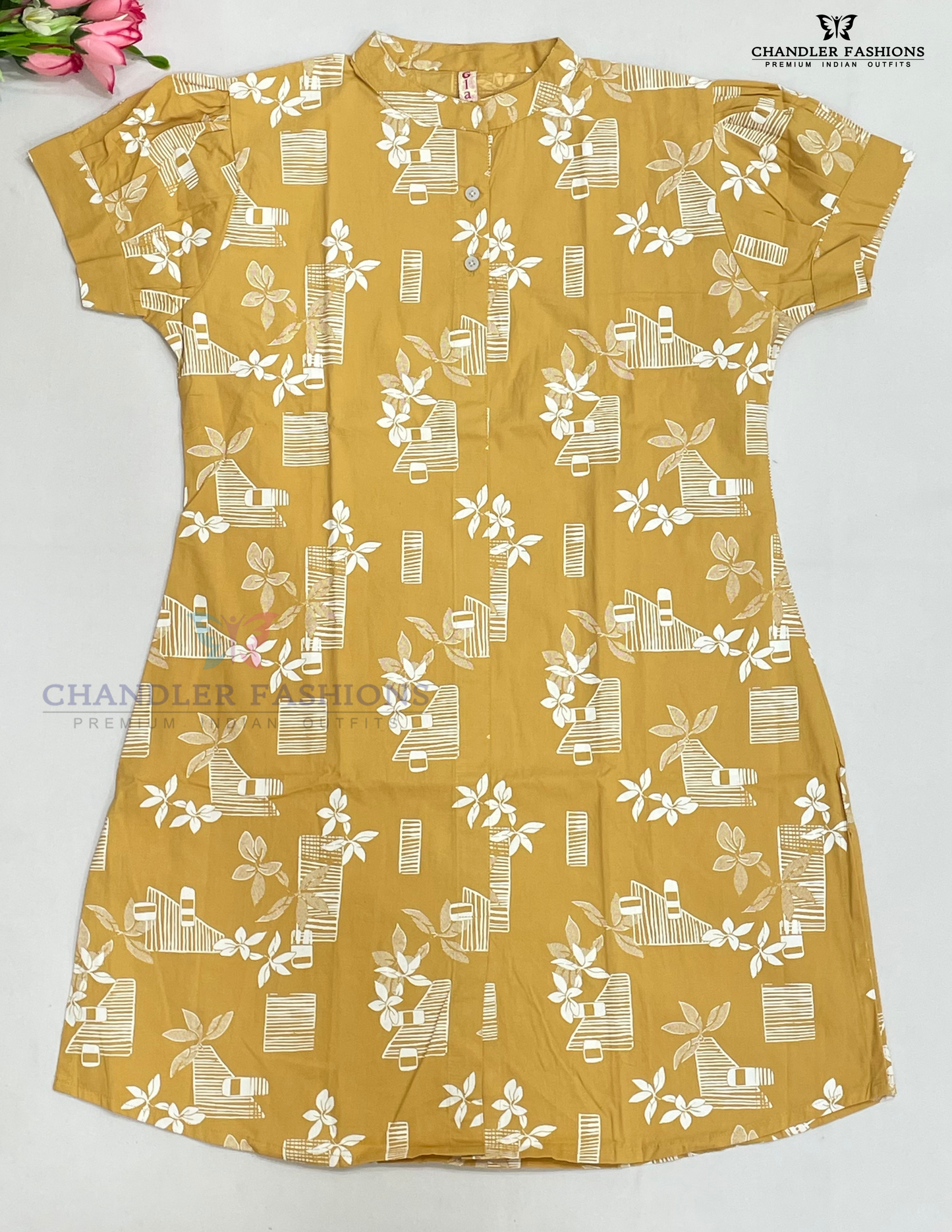 Pretty Sandal Color Cotton Kurti With Printed Work For Girls