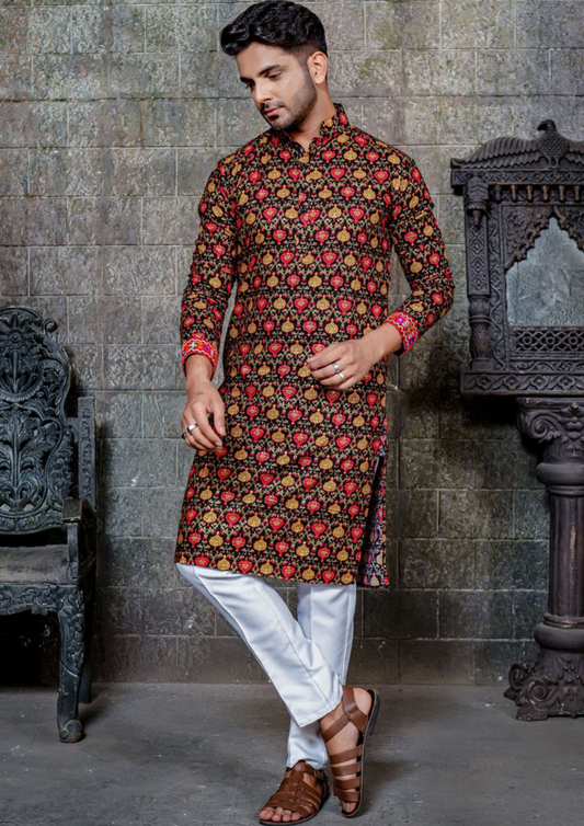 Appealing Multicolor Print And Lace Work Men's Kurta With Pajama Pant